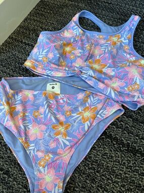 Hurley Lavender Floral Two-Piece Swim Set with Pink & Orange Flowers